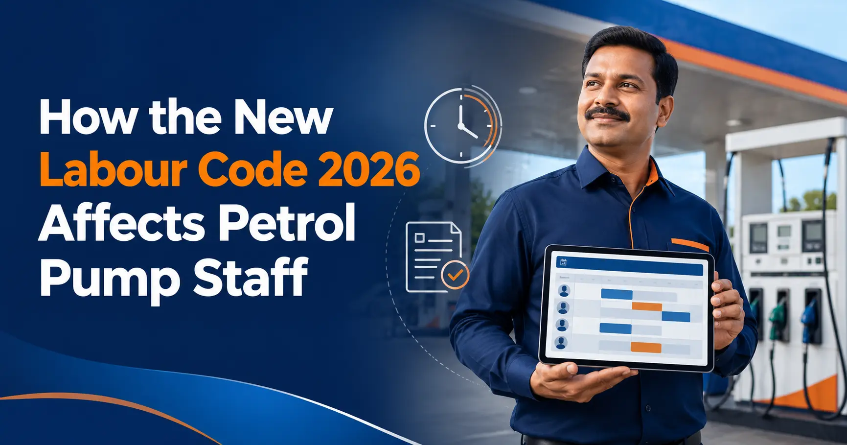 Petrol pump owner reviewing staff shift schedule on tablet showing New Labour Code 2026 impact on petrol pump staff