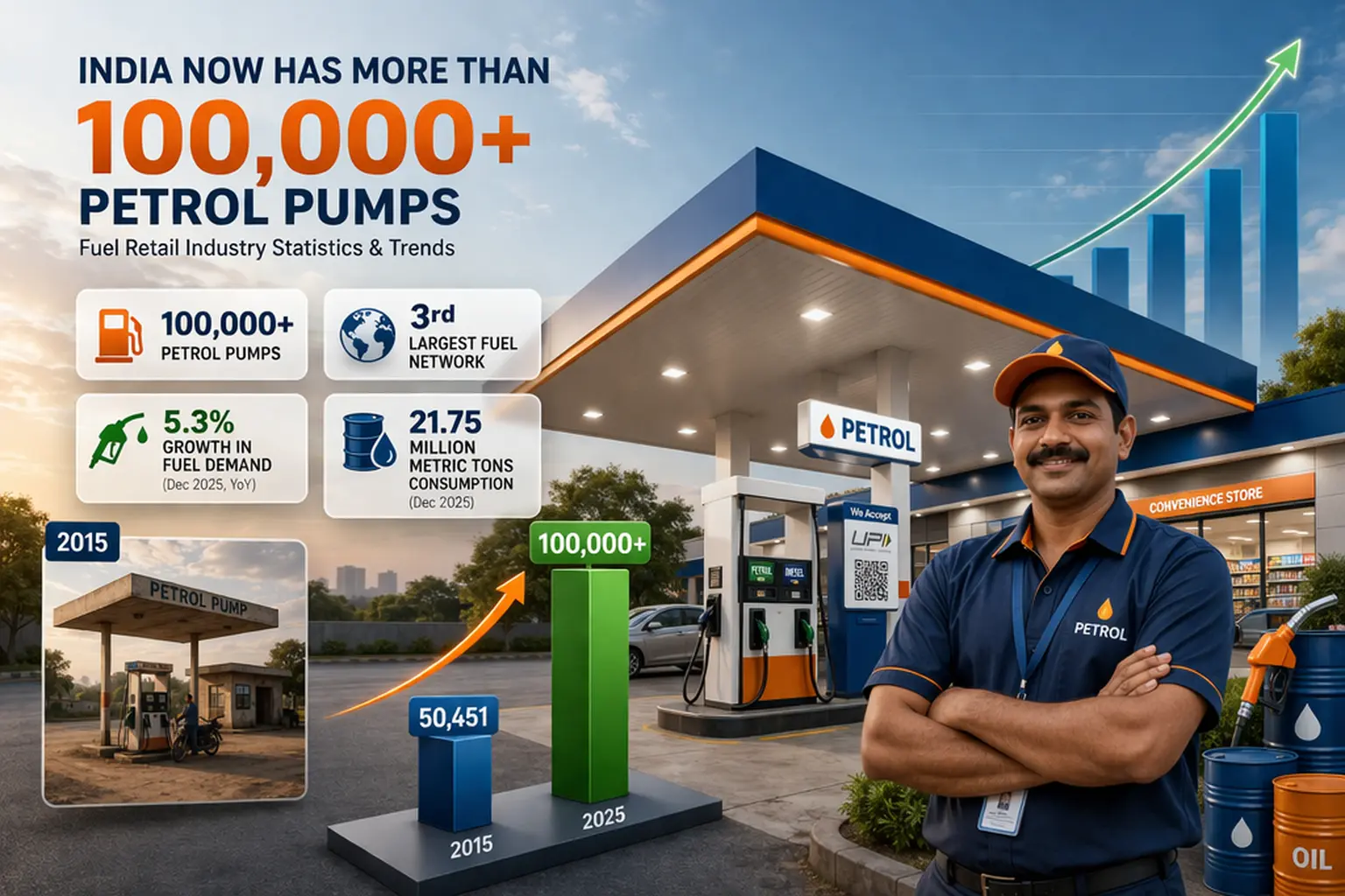 Fuel retail growth in India showing 100,000+ petrol pumps, demand rise and consumption trends