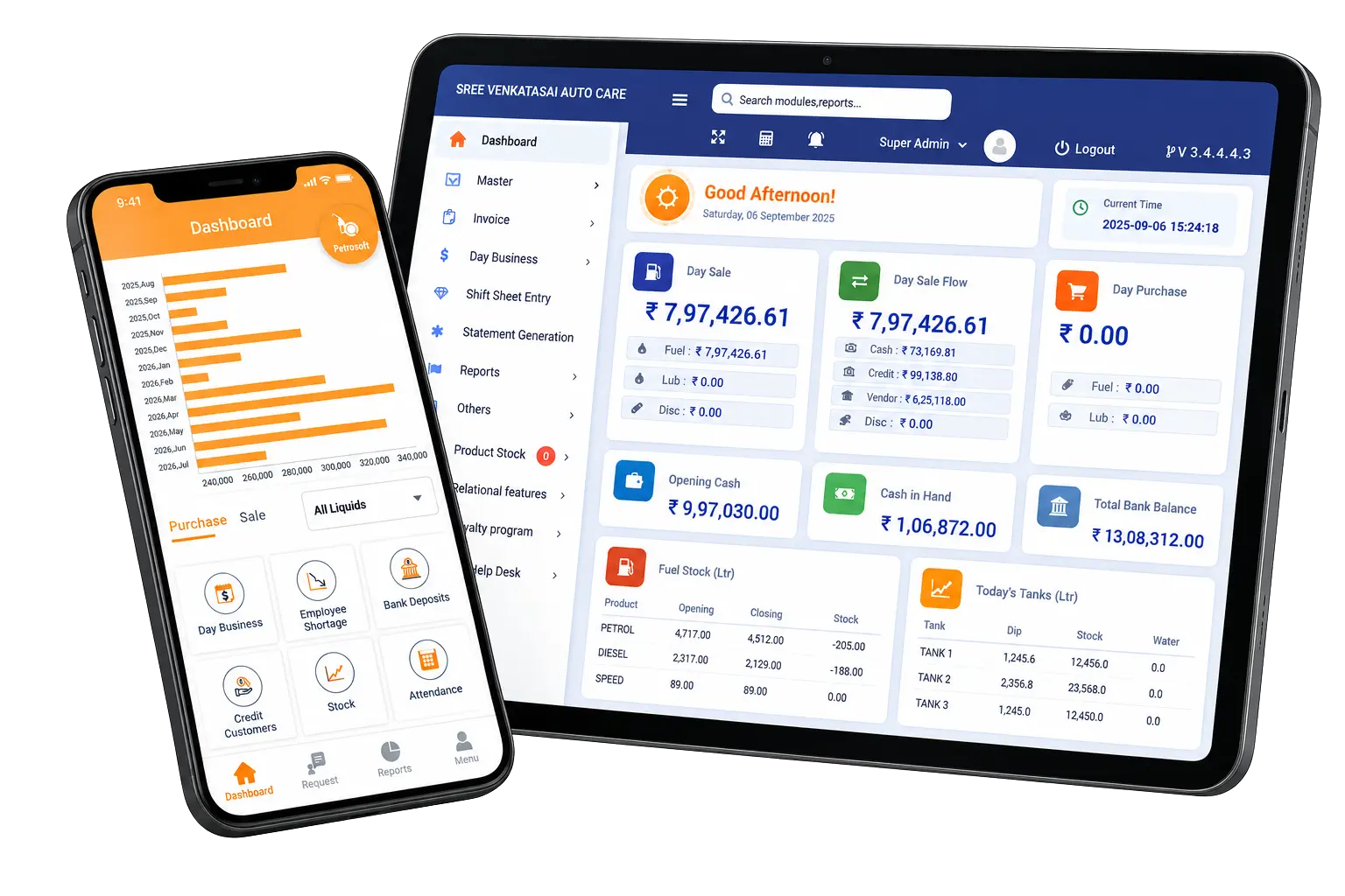 Petrosoft mobile app shown on two phone screens