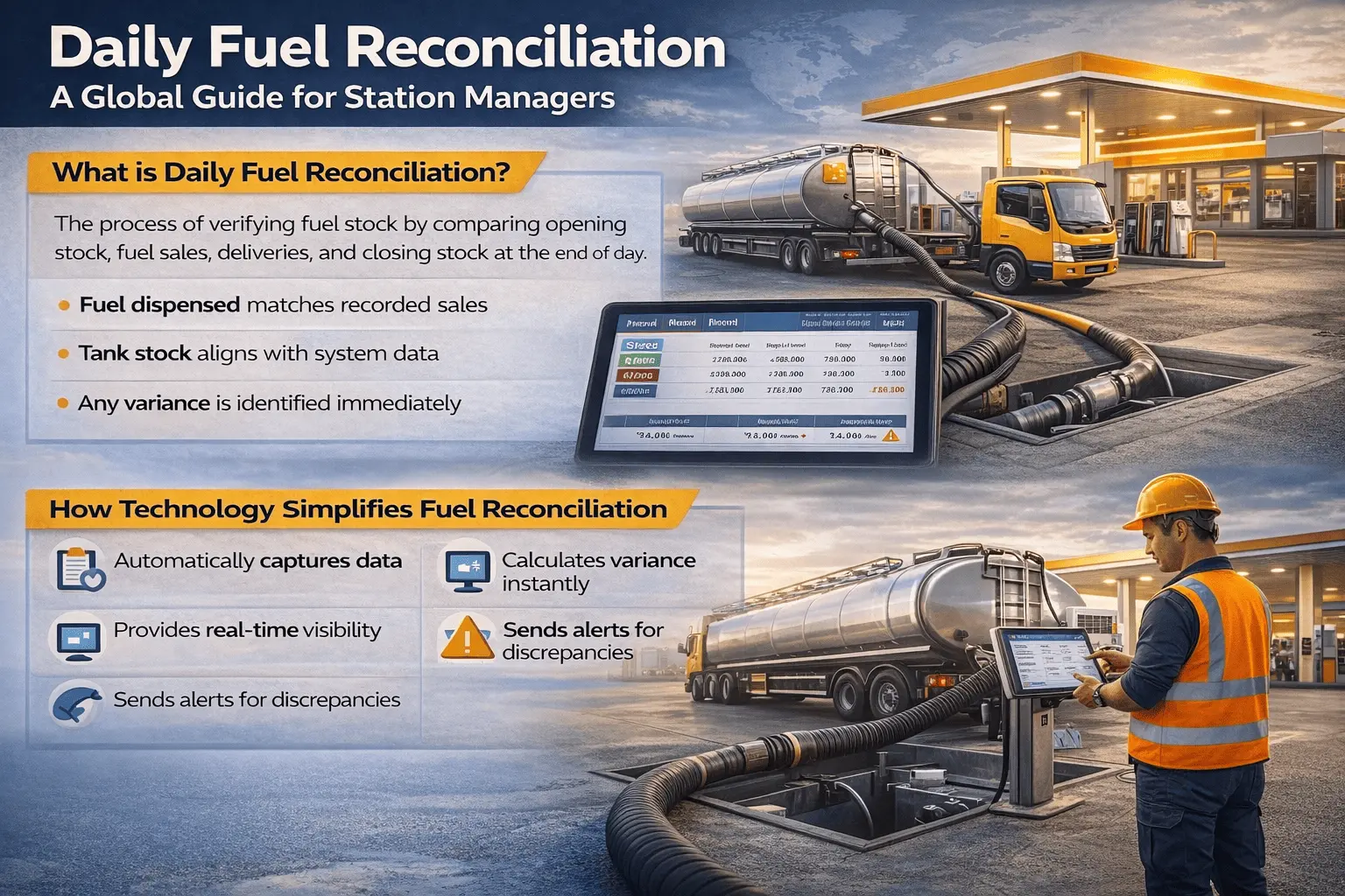 Fuel reconciliation with stock tracking and variance alerts