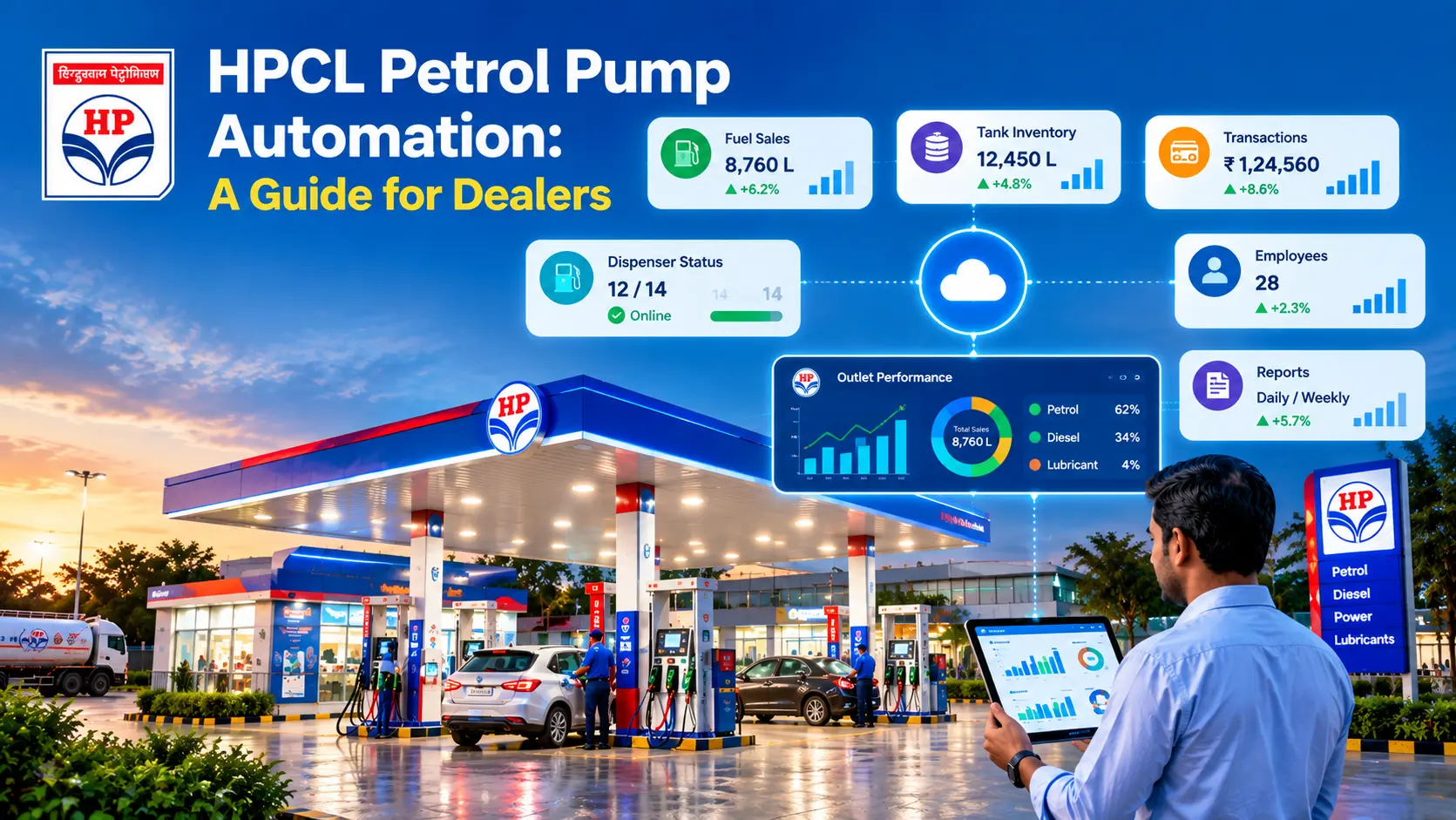 HPCL petrol pump automation with fuel sales, tank inventory and dealer monitoring dashboard