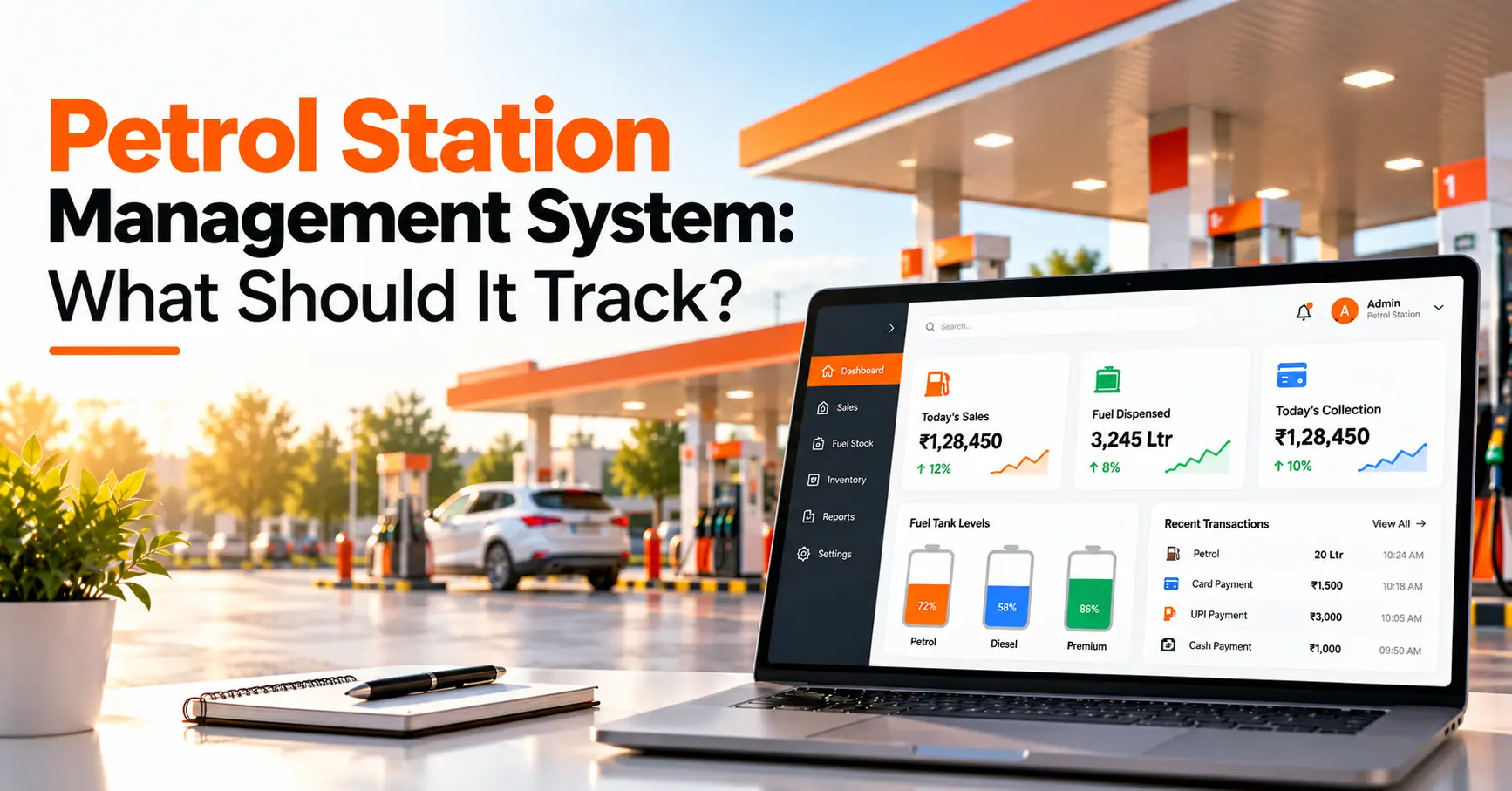 Petrol station management system dashboard for tracking fuel sales, tank inventory, daily collections, and payment transactions.